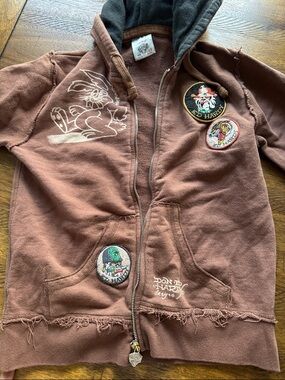 VINTAGE Ed Hardy Brown Hoodie with Tiger Logo and Pink Branding